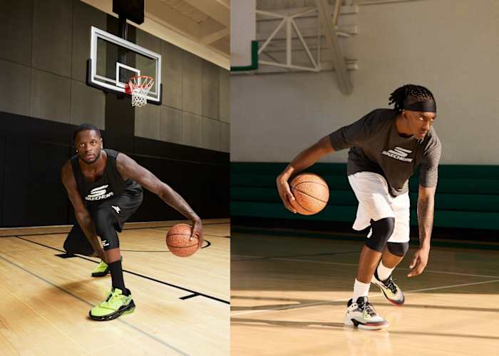 Julius Randle and Terance Mann model Skechers sneakers on a basketball court.